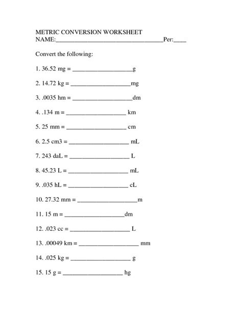 The Metric System Metric Worksheet 1
