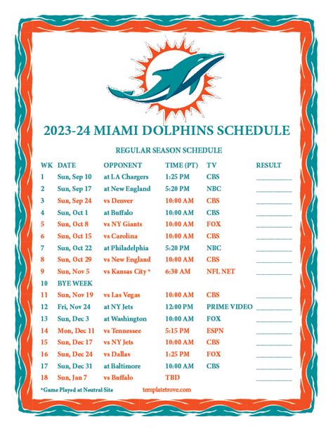 Miami Dolphins Printable Schedule