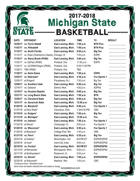 Michigan State Basketball Schedule Printable