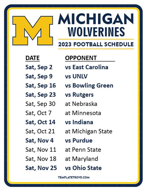 Michigan Football Printable Schedule