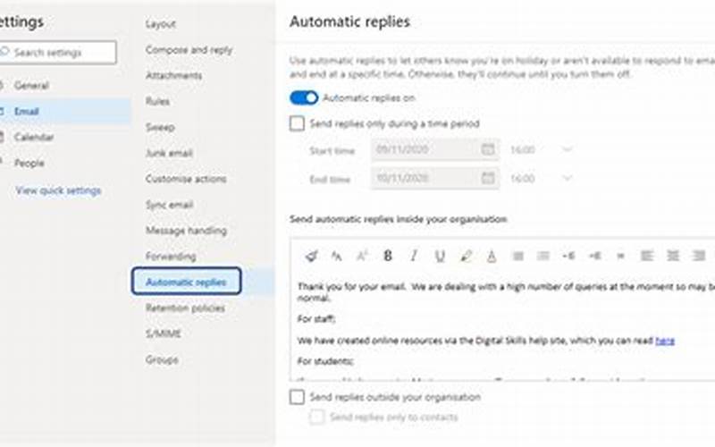 Microsoft 360 Email Hosting Automatic Replies