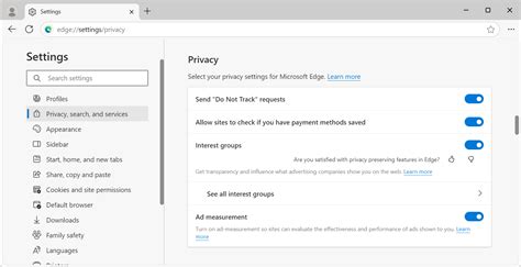 Microsoft Edge privacy options