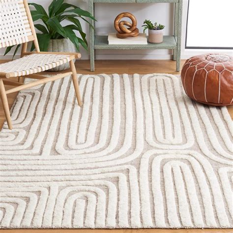 A mid-century modern rug with geometric patterns and vibrant colors