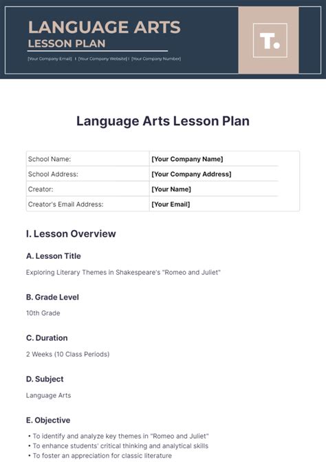 Middle School Printable Lesson Plan Template For Language Arts