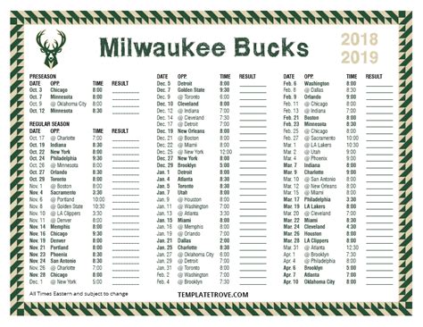 Milwaukee Bucks Printable Schedule