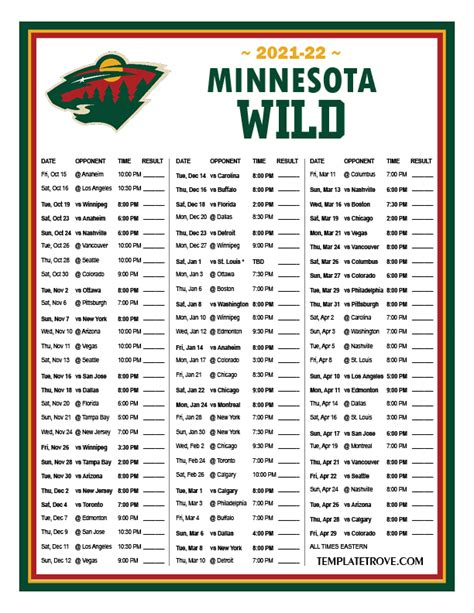 Minnesota Wild Printable Schedule