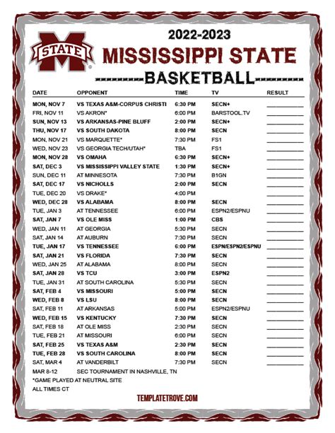 Mississippi State Athletic Calendar