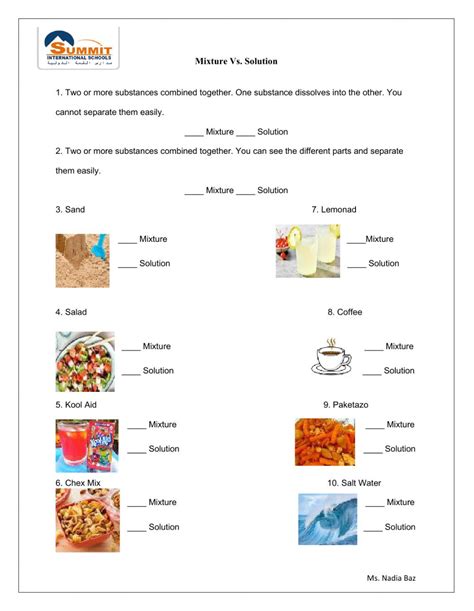 Mixture And Solution Worksheet