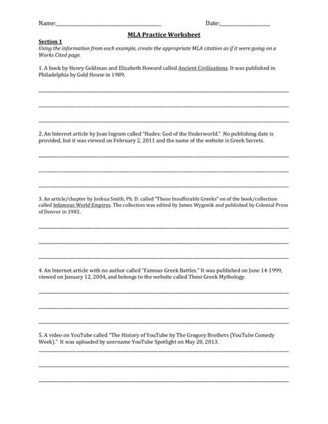 Mla Citation Practice Worksheet With Answers