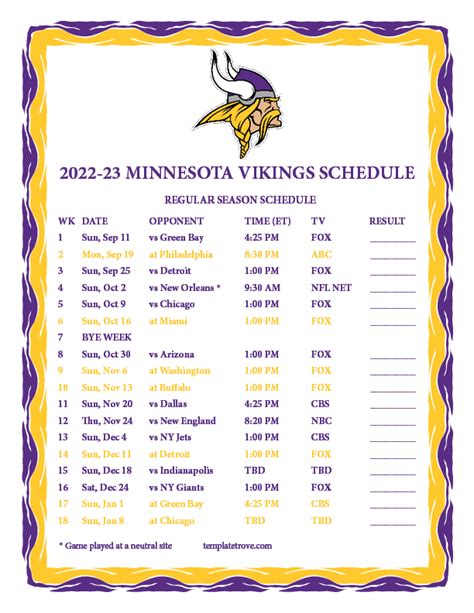 Mn Vikings Schedule 2022-23 Printable
