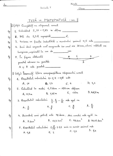 Model Teza Clasa 5 Semestrul 2 Matematica