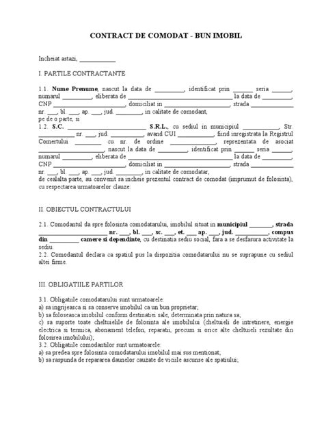 Model de Contract de Comodat