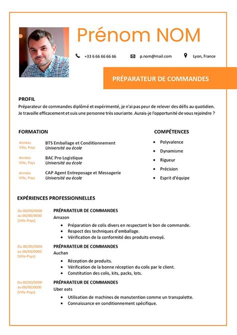 Modele de CV Preparateur de Commandes MonCVparfait