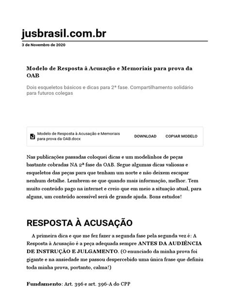 Modelo De Resposta A Acusação Oab - Vários Modelos