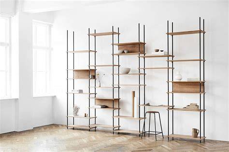 as4 modular shelving system in white oak and cold-rolled steel, wall