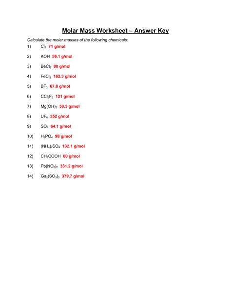 Molar Mass Worksheet Answer Key — db-excel.com