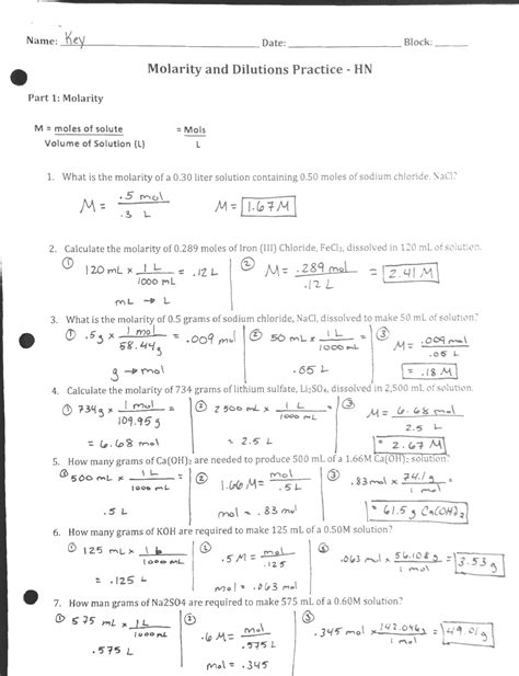 Molarity And Dilutions Worksheet Answer Key