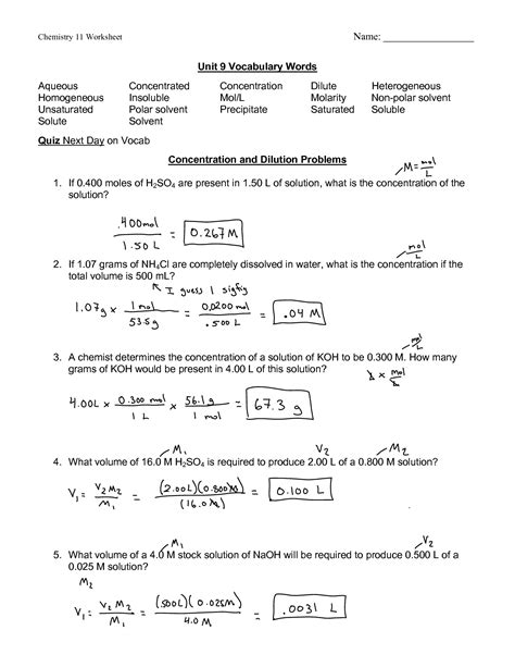 Molarity Practice Worksheet Answers