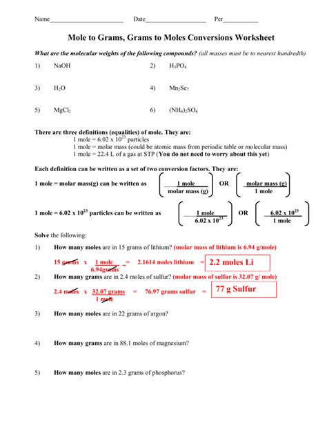 Mole Calculation Worksheet Answers