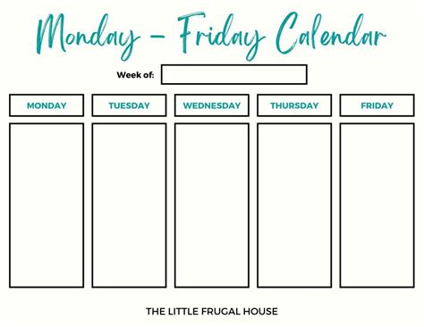 Monday To Friday Calendar