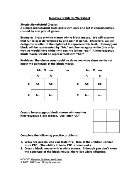 Monohybrid Cross Worksheet Answers Key - Genetics Problems Worksheet