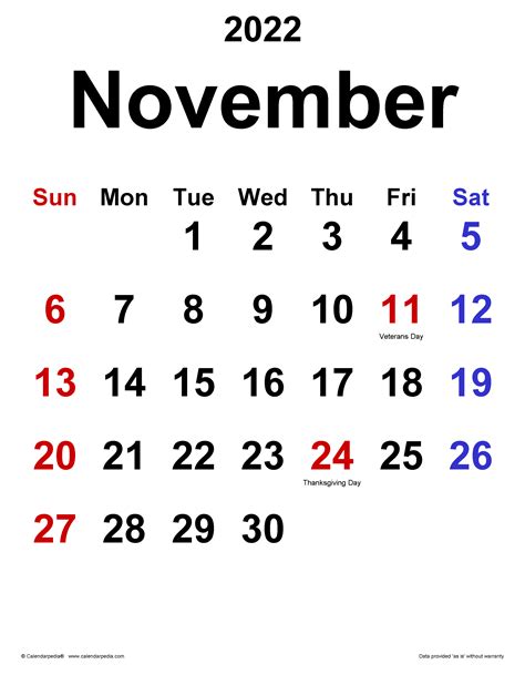 Month Of November 2022 Printable Calendar