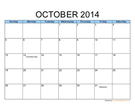 Month October 2014 Calendar