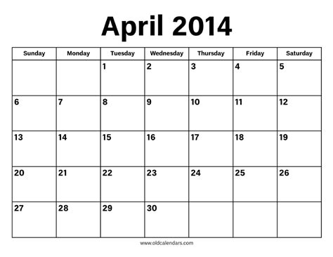 Month Of April Calendar 2014