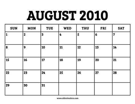 Month Of August 2010 Calendar