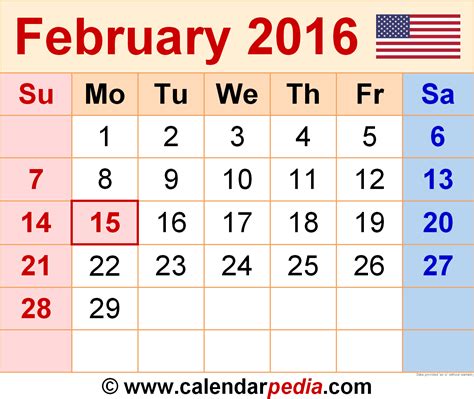 Month Of February 2016 Calendar