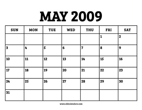 Month Of May 2009 Calendar