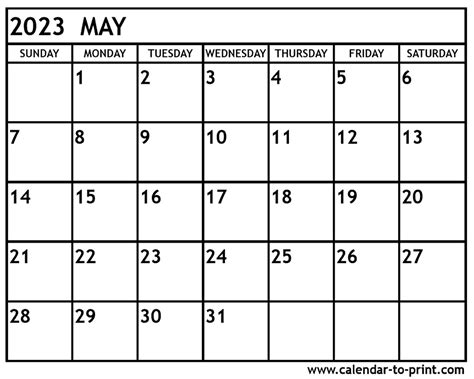 Month Of May 2023 Printable Calendar