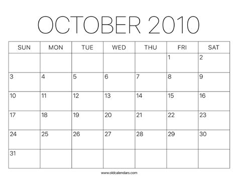 Month Of October 2010 Calendar