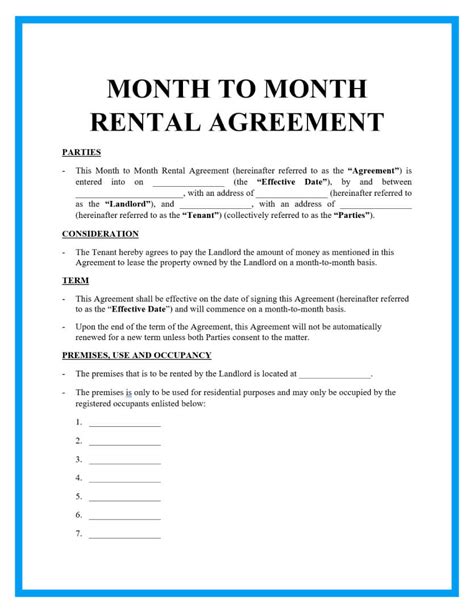 Month To Month Rental Agreement Printable