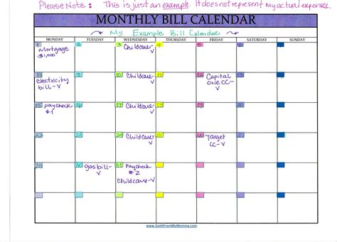 Monthly Bill Calendar Template