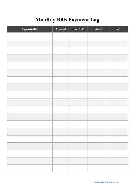 Monthly Bill Payment Log Free Printable