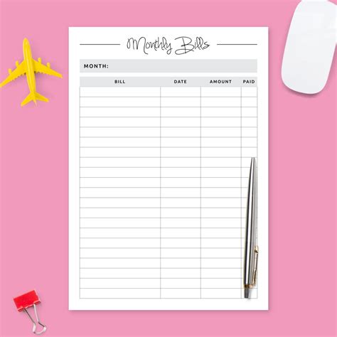 Monthly Bills Template Printable