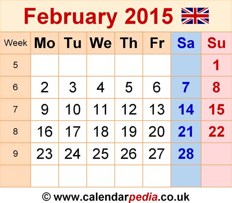 Monthly Calendar February 2015