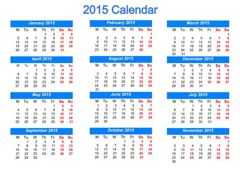 day/weekly/ monthly calendar of year 2015