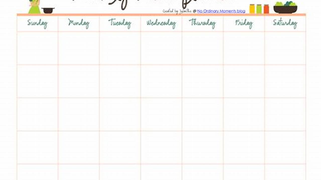 Monthly Menu Calendar Template