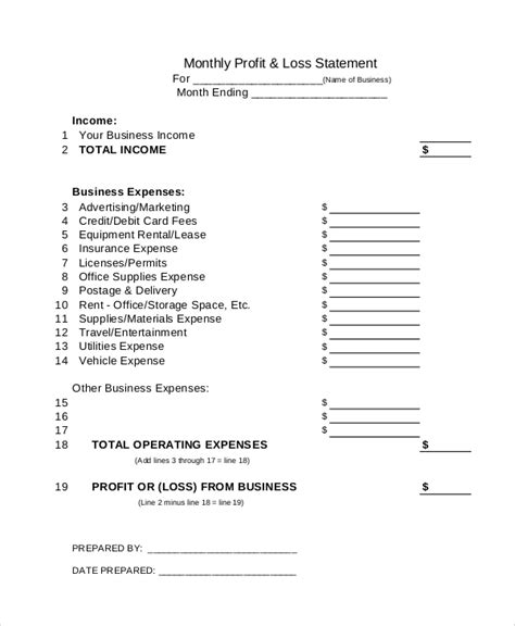 Monthly Profit Loss Statement Template