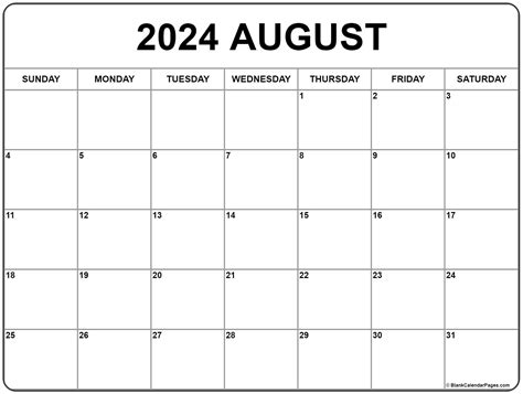 Monthly August Calendar