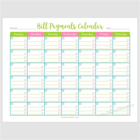 Monthly Bill Free Printable Bill Payment Calendar