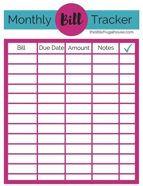 Monthly Bill Tracker Printable