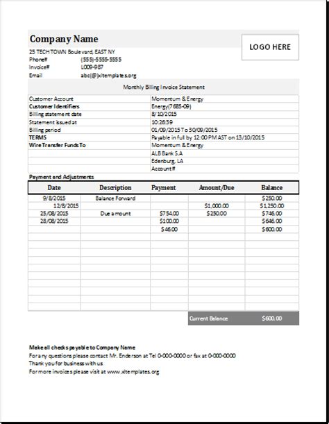 Monthly Billing Invoice Statement for EXCEL | Excel Templates