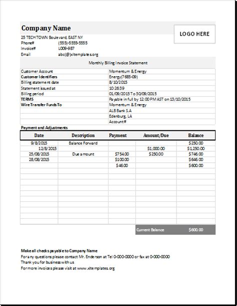 Monthly Billing Invoice Statement for EXCEL Excel Templates