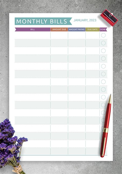 Monthly Bills Template Printable