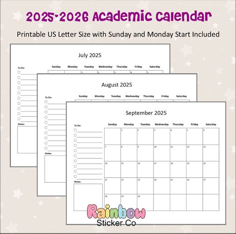 Monthly Calendar Academic Year Printable