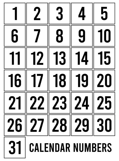 Monthly Calendar Numbers