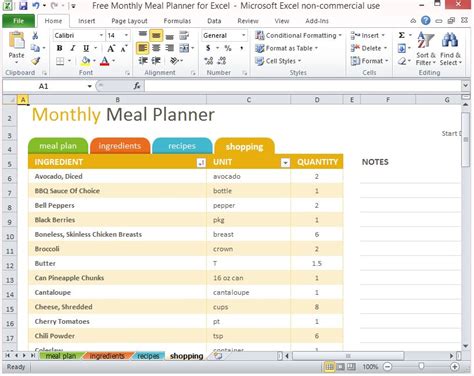 Monthly Meal Planner Excel Template